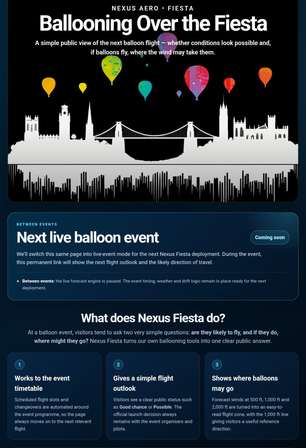 Nexus Fiesta page overview showing the next live balloon event section and three public-service functions