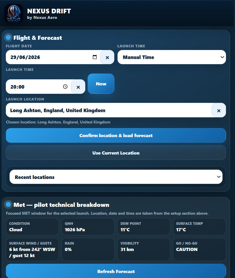 Nexus Drift flight and forecast setup screenshot