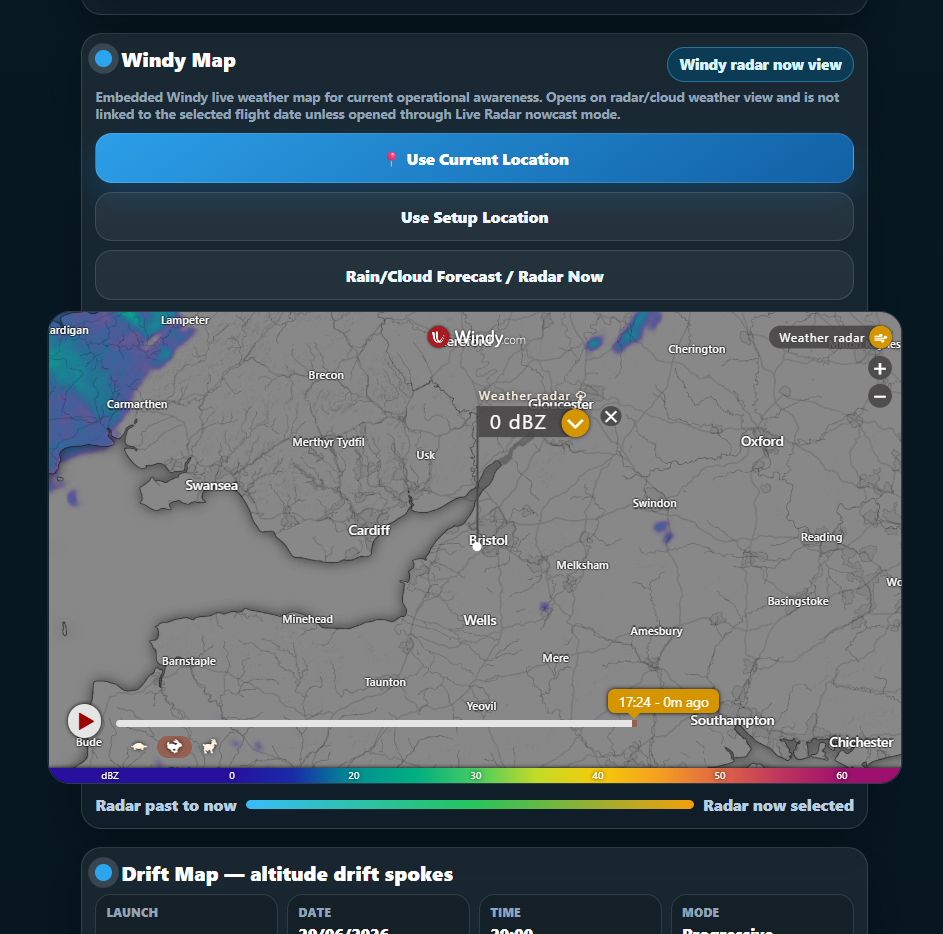 Nexus Drift Windy radar integration screenshot