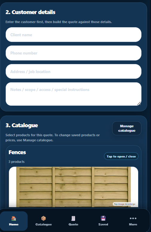 Nexus Quote Builder customer details and catalogue