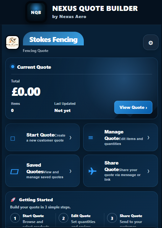 Nexus Quote Builder home dashboard