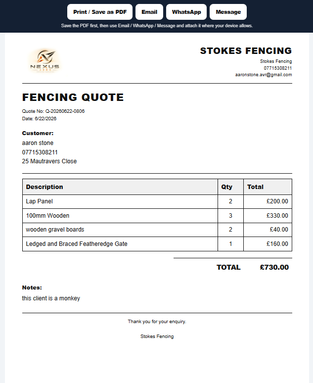 Nexus Quote Builder PDF quote output